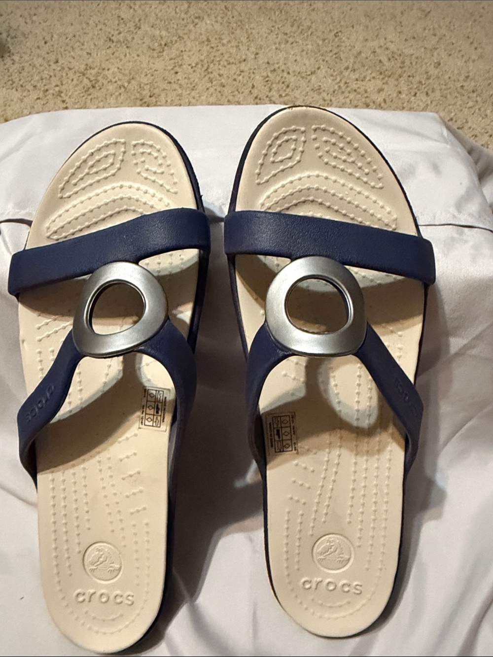 CROCS Navy and Cream Slide Sandals with Silver Accent
